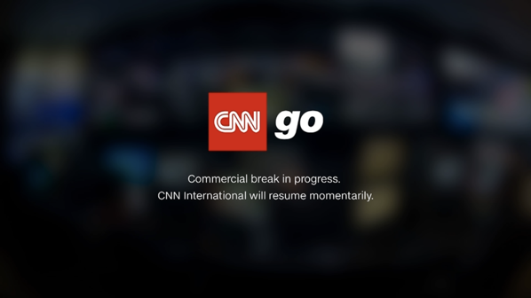 A placeholder card on CNN Go, saying that a commercial break is in progress and that the broadcast will resume momentarily.